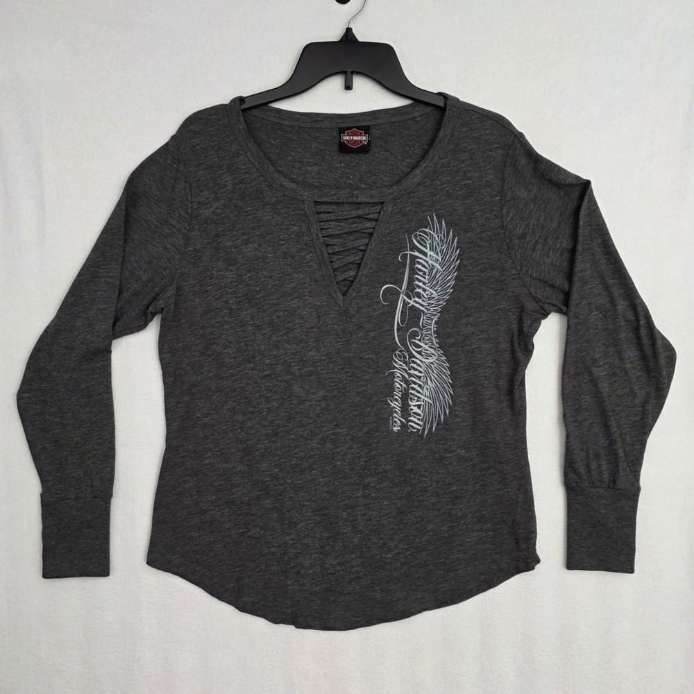 Harley Davidson Winged Logo Top Large Charcoal Strappy V-Neck Biker Moto Tee